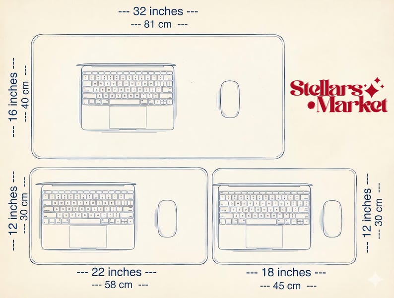 May include: Illustration of three rectangular desk mats with a laptop and mouse. The largest mat is 32 inches (81 cm) long and 16 inches (40 cm) wide. The other two mats are 22 inches (58 cm) and 18 inches (45 cm) long, both 12 inches (30 cm) wide. The text "Stellars Market" is in the upper right.