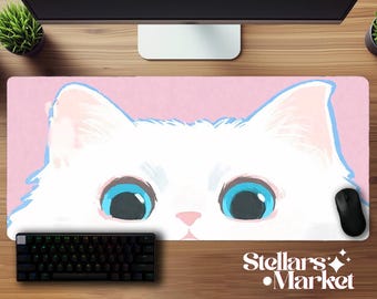 Cute Cat Eyes Mousepad Large | Pink Kitty Aesthetic Gaming Desk Mat | Gift Office Decor