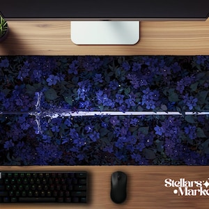 Fallen Warrior Deskmat | Medieval Sword Purple Flowers Mouse Pad | Gaming Desk Mat | Mousepad | Office Desk Accessory | Fantasy Gift image 2