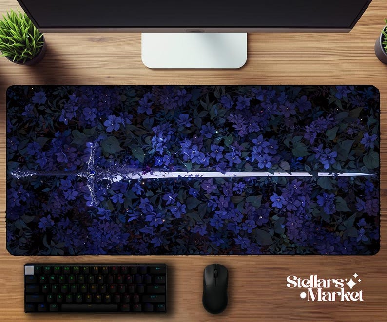 Fallen Warrior Deskmat | Medieval Sword Purple Flowers Mouse Pad | Gaming Desk Mat | Mousepad | Office Desk Accessory | Fantasy Gift image 2