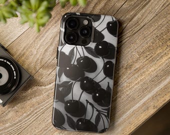 Black White Cherry Phone Case | Cute Fruit Art | Minimalist Aesthetic | Glossy Design Cover | Trendy Phone Case