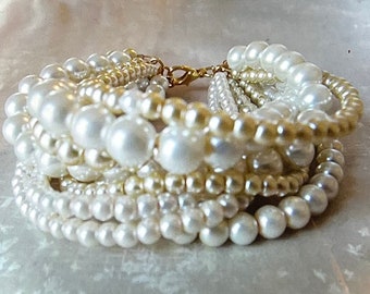 Gold Pearl Bracelet Wedding Jewelry Gold Bridal Bracelet Multi Strand Bracelet Pearl Chunky Bracelet Gold Bridal Jewelry Gold Pearl Jewelry