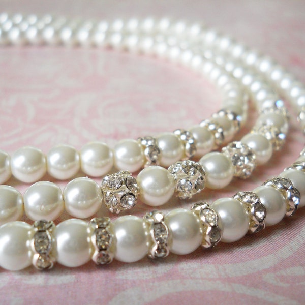 Silver Pearl Necklace Rhinestone Bridal Necklace Three Strand Pearl Necklace Sparkly Wedding Jewelry Vintage Style Bridal Jewelry Rhinestone