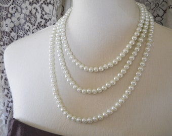 Three Strand Pearl Necklace Pearl Wedding Jewelry Pearl Necklace For Bride Ivory Pearl Layered Necklace Classic Pearl Necklace White Pearls