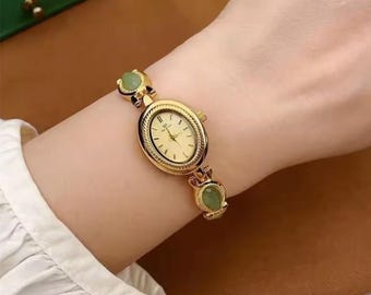 Luxury Green Jade Quartz Women’s Watch, Elegant Bracelet Watch for Women, Fashion Dress Watch, Gift for Her, Reloj Mujer Jade Verde