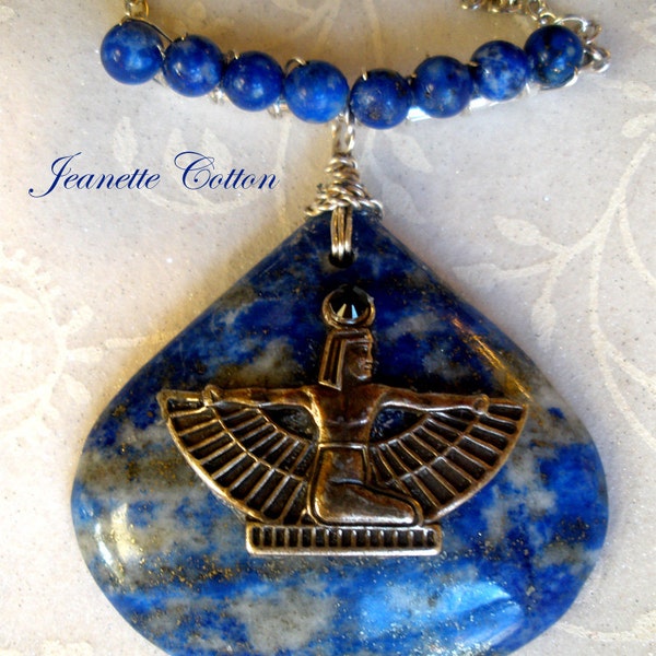 Isis Egyptian Goddess...Lapis Lazuli W/ Gold Pendant & Matching Lapis Beads...Sterling Silver...Beautiful