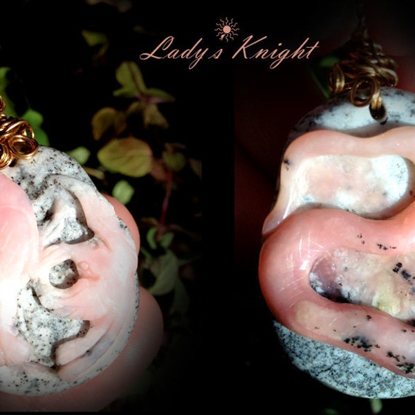 Stunning Rare Carved "Pink Opal" Stalker Snake On One Side..Birds On the Other..Pendant..24K Gold Filled..This Is A PRECIOUS OPAL