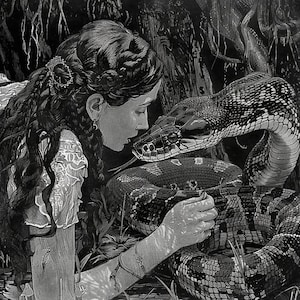 May include: Black and white illustration of a woman and a snake. The woman, with long, flowing hair, is gently touching the snake's head. The snake is coiled, with detailed scales. The artwork has a vintage, detailed style.
