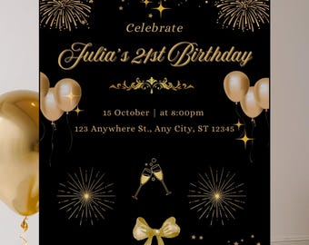 21st Birthday Invitation Template | Black & Gold Party Invite | Editable Canva | Elegant Glam