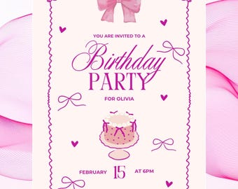 Modello di invito di compleanno con fiocco rosa / Festa da ragazza civettuola / Download digitale modificabile da Canva