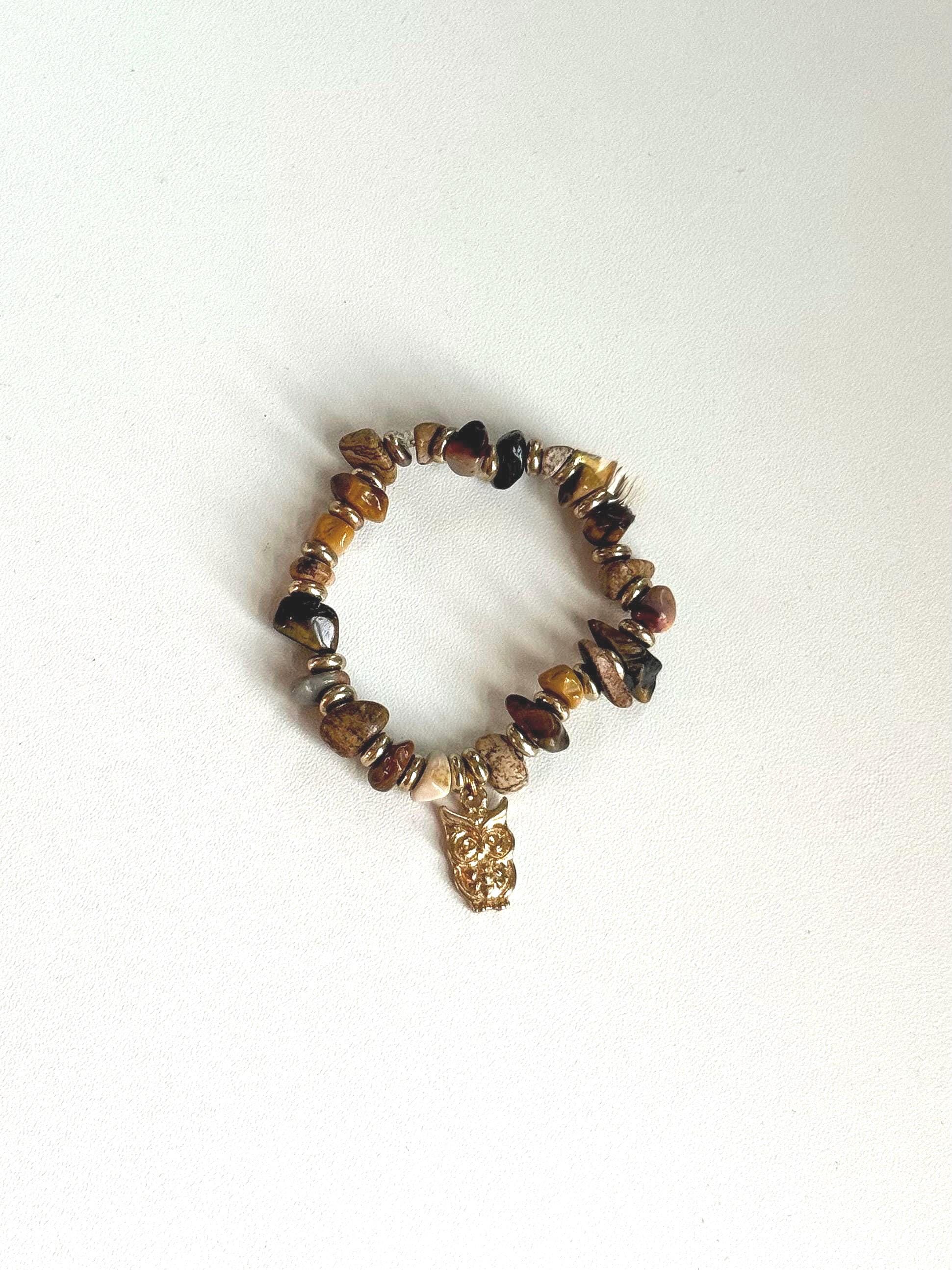 Owl Charm Bracelet, Natural Stone Beaded, Handmade Earth Tone Boho Jewelry