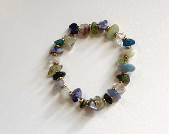 Ocean Inspired Stone Bracelet, Blue Green Crystal Beaded Jewelry, Handmade Boho Stackable Bracelet