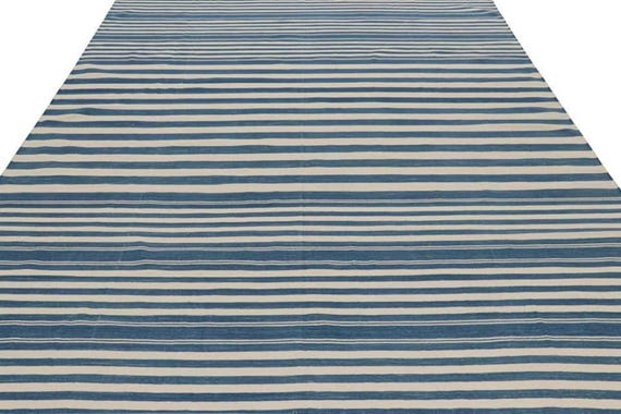 Handwoven Blue Cream Wool Flatweave Rug – Striped Coastal Boho Area Rug