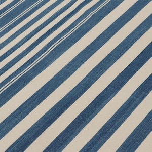 May include: A rug with a repeating pattern of wide, diagonal stripes in navy blue and off-white. The stripes are evenly spaced, creating a bold, graphic design. The rug appears to be made of a woven material.