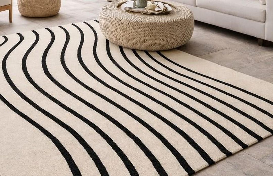 Hand Tufted Minimalist Curve Rug | Black Ivory Modern Rug | Wool ...