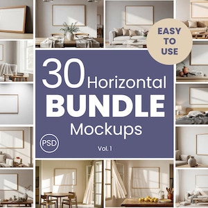 Peut inclure: Ensemble de 30 maquettes horizontales présentant des cadres vierges dans divers intérieurs. Les images montrent des salons, des chambres et des salles à manger. Le texte comprend "30 Horizontal Bundle Mockups Vol. 1" et "Easy to Use".