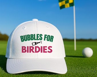 Women's Golf Hat - Bubbles for Birdies Embroidered White Trucker Hat - Green and Pink