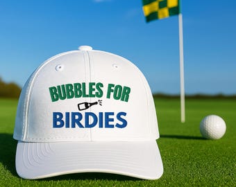 Women's Golf Hat - Bubbles for Birdies Embroidered White Trucker Hat - Green and Blue