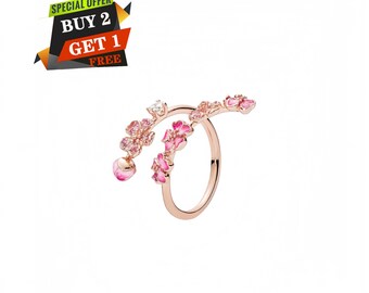 Anillo con flor de melocotón rosa, anillo colgante, joyería minimalista, plata de ley 925, colgante de viaje
