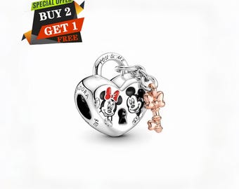 Colgante de candado de Mickey y Minnie Mouse, dijes para pulsera, plata de ley 925, colgante de viaje