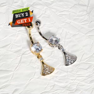 14G CZ Fan Shaped Ginkgo Leaf Belly Button Ring, Dainty 10mm Dangle Navel Piercing, Titanium & Stainless Steel Women Body Jewelry