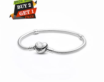 Moments Silver Hjärtspänne Ormkedja Armband, S925 Sterling Silver, Resehänge