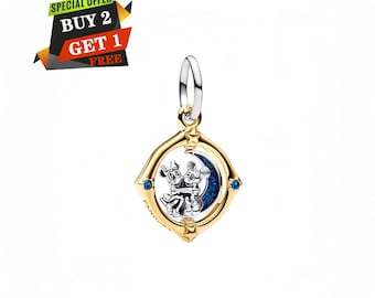 Disney Mickey & Minnie Two-Tone Rotating Moon Pendant Charm for Bracelet, Travel Pendant