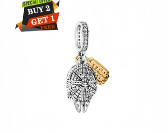 Star Wars Millennium Falcon Two-Tone Dangle Charm for Bracelet, S925 Sterling Silver, Travel Pendant