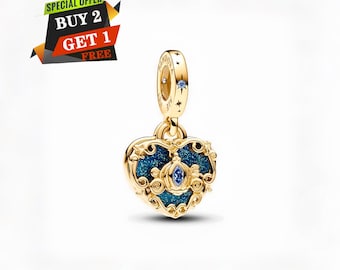 Disney Cinderella's Carriage & Heart Double Dangle Charm, S925 Sterling Silver, Travel Pendant