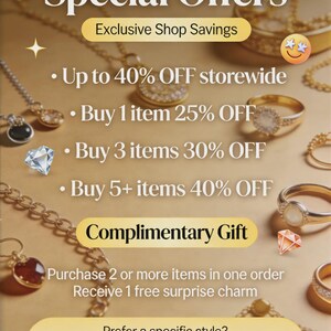May include: An advertisement for DottyDesignStore with text that reads "Special Offers" and "Exclusive Shop Savings." Offers include up to 40% off storewide, discounts on multiple items, and a complimentary gift with purchase. Jewellery is visible in the background.