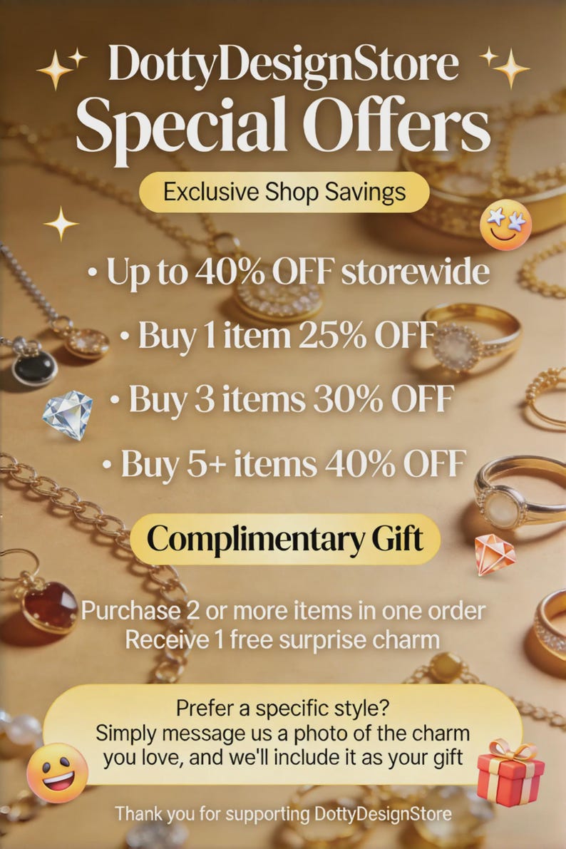 Puede incluir: Un anuncio de DottyDesignStore con el texto "Ofertas especiales" y "Ahorros exclusivos en la tienda". Las ofertas incluyen hasta un 40% de descuento en toda la tienda, descuentos en varios art&iacute;culos y un regalo complementario con la compra. Se ven joyas en el fondo.