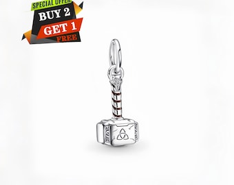 Marvel The Avengers Thor's Hammer Dangle Charm, Berlocker för Armband, S925 Sterling Silver, Resehänge