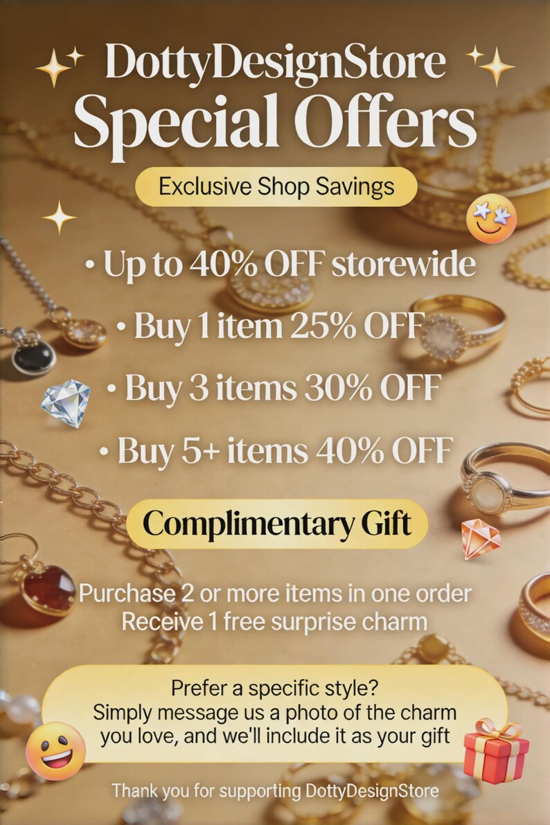 Puede incluir: Un anuncio de DottyDesignStore con el texto "Ofertas especiales" y "Ahorros exclusivos en la tienda". Las ofertas incluyen hasta un 40% de descuento en toda la tienda, descuentos en varios art&iacute;culos y un regalo complementario con la compra. Se ven joyas en el fondo.