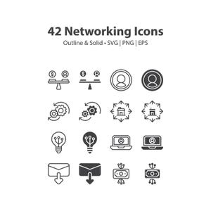 May include: A set of 42 networking icons in outline and solid designs. The black and white icons represent concepts like balance, user profiles, gears, buildings, light bulbs, laptops, envelopes, and money.