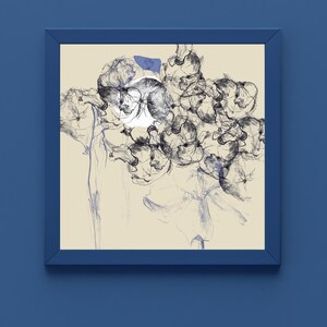 May include: Abstract art print in a blue frame. The artwork features a charcoal sketch of organic shapes in black and blue on a cream background. A small blue square is in the upper center of the artwork.