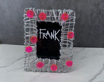 Handmade Anodized Aluminum Photo Frame, Neon Pink Spots, 4"x6" vertical window opening