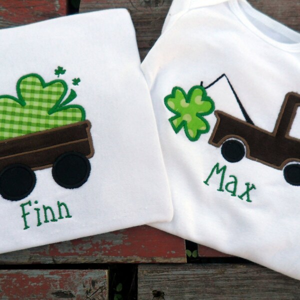 Reserved St Patricks Day appliqued  shamrock truck / wagon shirt or onesie for boys