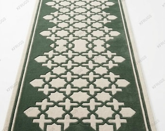 Grüner Geometrischer Läufer, Marokkanischer Teppich, Moderner Flur Teppich, Minimalistische Boho Bodendekoration