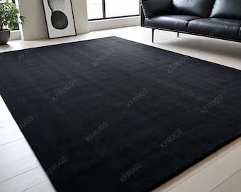 Solid Black Minimalist Area Rug | Modern Plain Handmade Rug