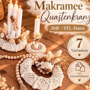May include: Off-white macrame wreaths and candle holders featuring intricate knotted patterns, wooden beads, and dried floral accents. Text reads: Makramee Quastenkranz, 3MF / STL-Datei, 7 Varianten, inkl. Gewerbelizenz.