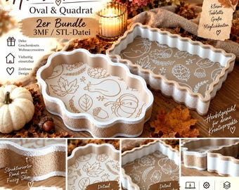 Autumn Tray Bundle | 3MF File | STL | Gift | Autumn Decoration | Oval/Square Tray with Wavy Edge | Pumpkin | 3D Print | Decoration | DIY