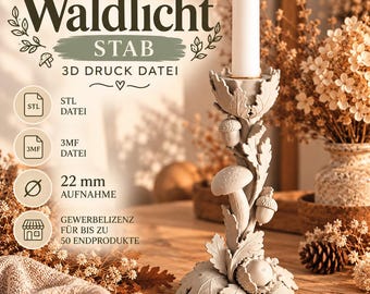 Forest Light Taper Candle Holder | 3MF STL File for 3D Printing | 22 mm LED Candle Holder | Acorns and Mushrooms | Boho Autumn Decor | Commercial License Included
