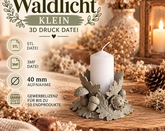 Small Forest Light | 3MF STL file for 3D printing | 40 mm LED candle holder | Mushrooms, acorns, oak leaves | Boho decor | Commercial license included