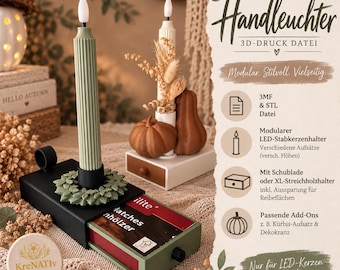 Handheld candle holder 3MF file | LED candle holder with plug-in system | Pumpkin & wreath | Taper candle holder | 3D print file | incl. commercial license