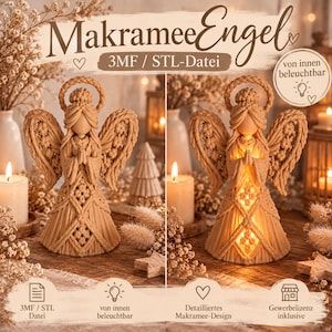Puede incluir: Una figura de ángel impresa en 3D de color tostado con textura estilo macramé, que presenta un halo, manos juntas y alas texturizadas. El texto dice MakrameeEngel, 3MF / STL-Datei, von innen beleuchtbar, Detailliertes Makramee-Design, Gewerbelizenz inklusive.