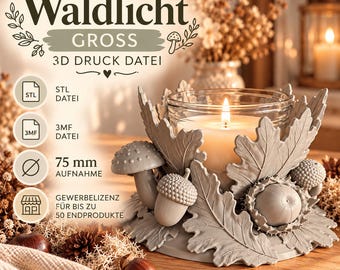 Large Forest Light | 3MF STL File | 3D Print File | 75 mm LED Candle Holder | for Block Candles | for Glass Candle Holders with Mushrooms and Acorns | Boho Autumn Decoration