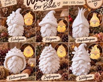 Forest Gnome 6-Piece Bundle XL | 3MF STL File | Imp | Gnome | Gnome | incl. Commercial License | 3D Printing | Autumn Lighting | Autumn Decoration