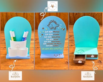 Dino Affirmation Display Stand Extension | Pen Holders & Drawers | 3MF Print File | Kids' Room Organizer