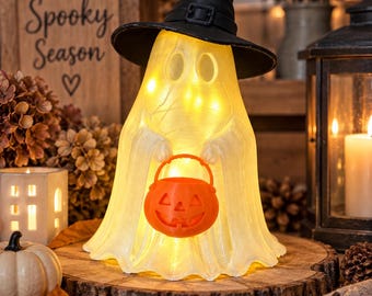 Glowing Halloween ghost with witch's hat | Pumpkin basket | 3MF | 3D print file | Halloween decoration | LED ghost | Autumn decoration