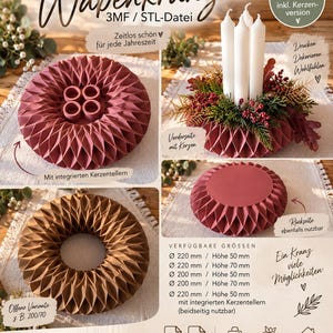 May include: A 3D-printable honeycomb-patterned wreath in a dusty rose color, featuring integrated candle holders. The design includes a flat reverse side, various size options ranging from 200 mm to 220 mm in diameter, and 50 mm to 70 mm in height.